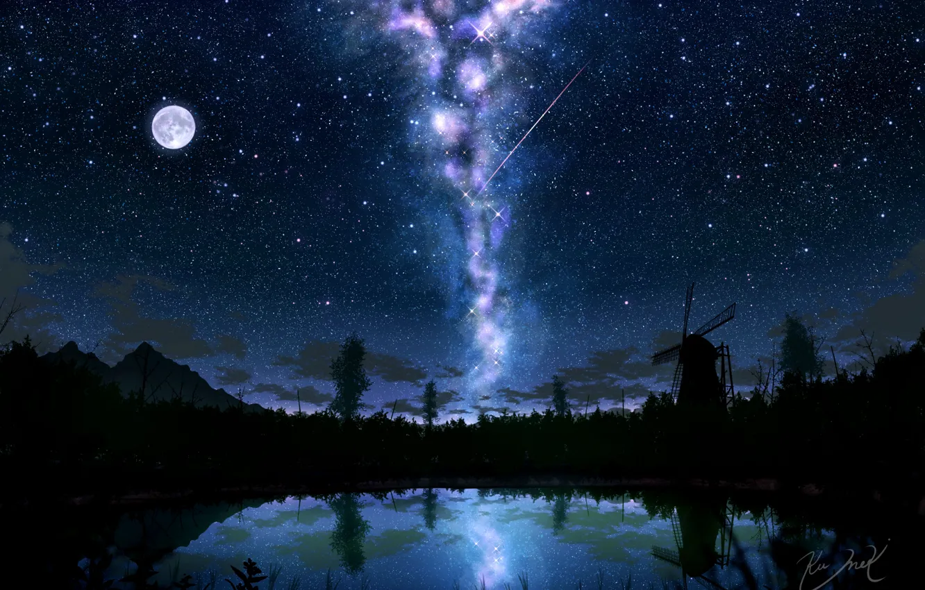 Фото обои небо, озеро, луна, мельница, млечный путь