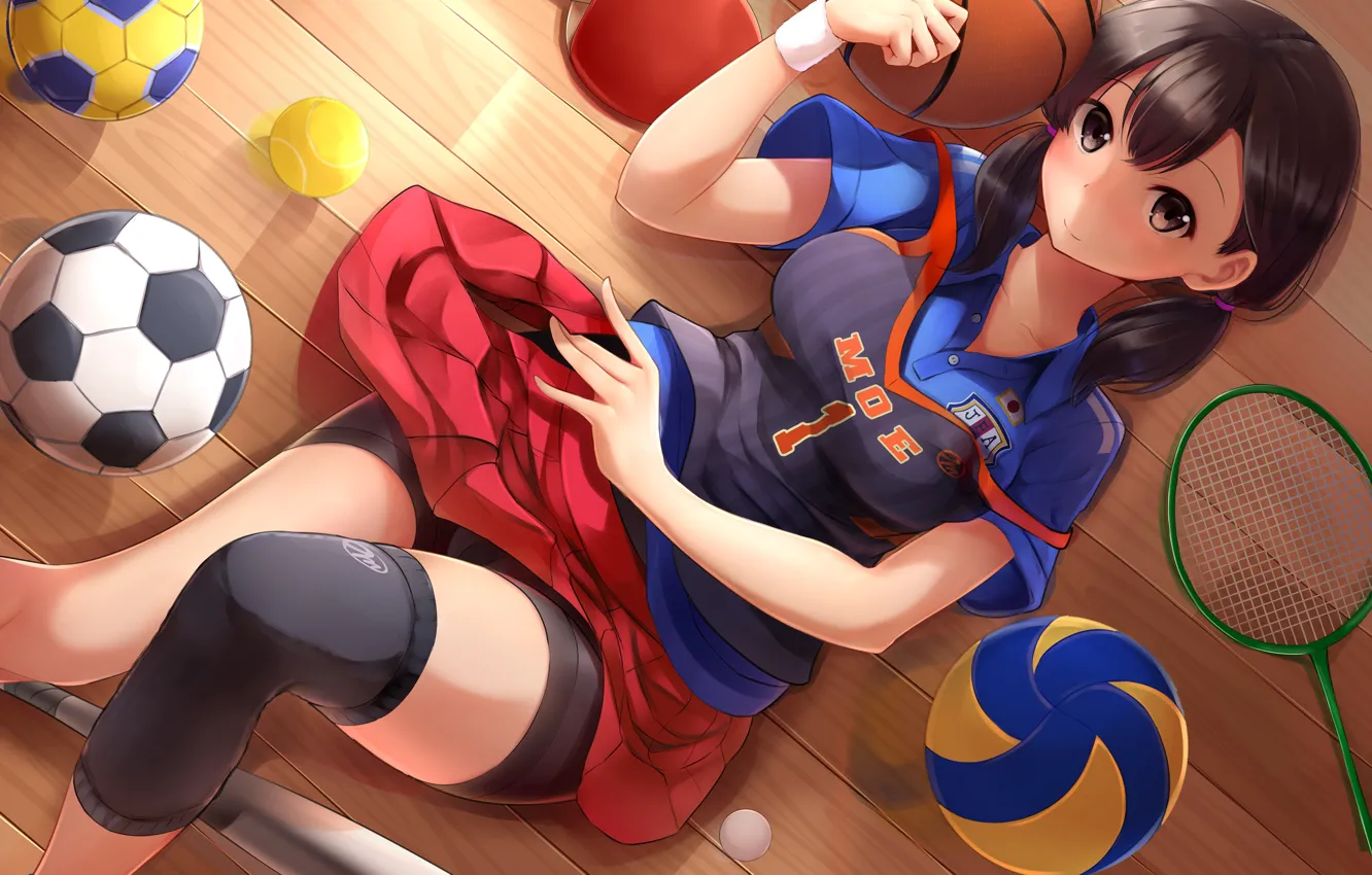 Фото обои девушка, мячи, ракетка, anime, art, бита, спортивная форма