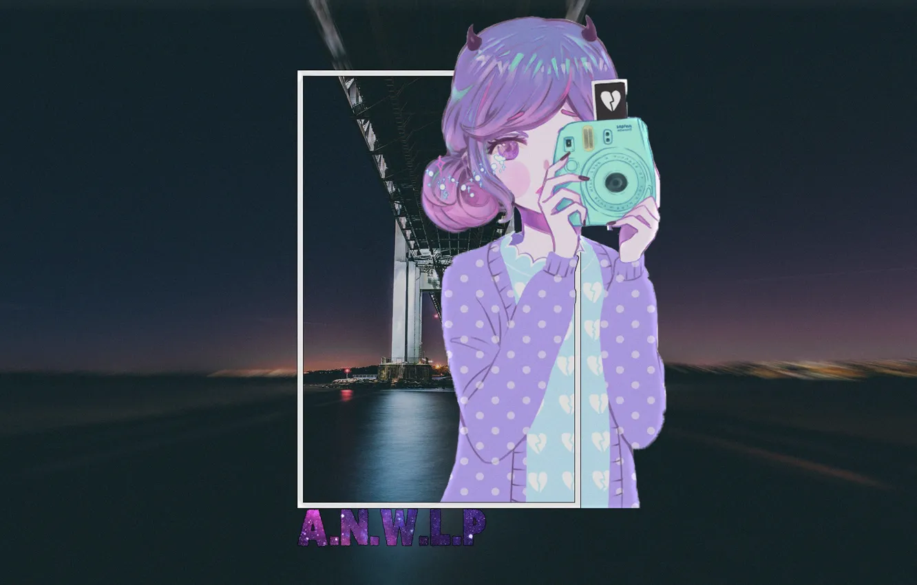 Фото обои девушка, ночь, мост, город, аниме, фотоаппарат, madskillz, madskillz anime