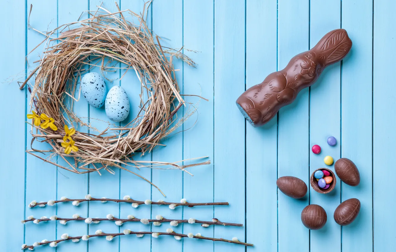 Фото обои шоколад, яйца, colorful, кролик, конфеты, Пасха, wood, верба, chocolate, spring, Easter, eggs, bunny, candy, decoration, …