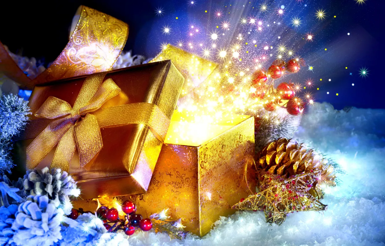 Фото обои снег, праздник, подарок, новый год, ель, бант, шишки, коробочка