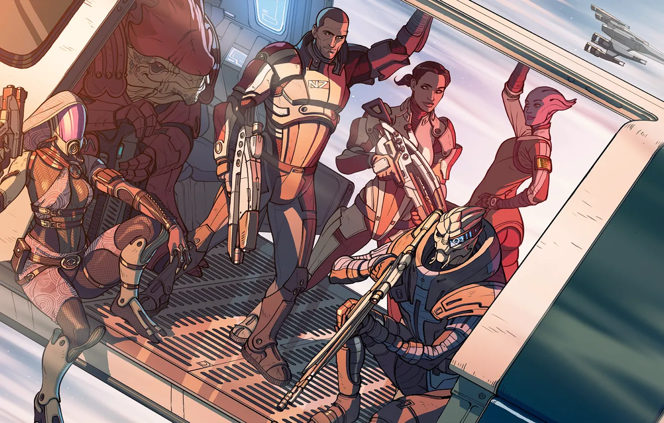 Фото обои Mass Effect, drawing, Garrus Vakarian, Ashley Williams, Commander Shepard, Liara T'Soni, Tali'Zorah, Urdnot Wrex