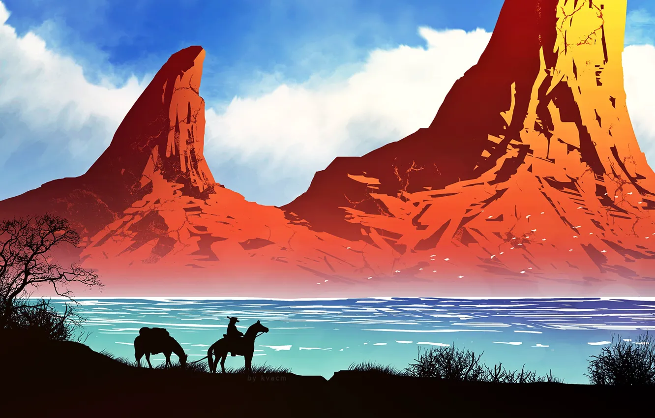 Фото обои горы, природа, река, лошади, ковбой, by kvacm