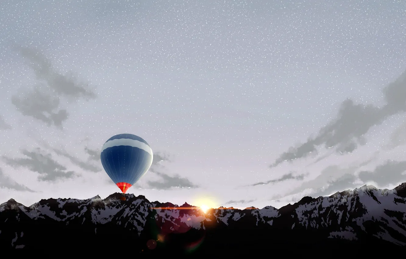 Фото обои горы, воздушный шар, рассвет