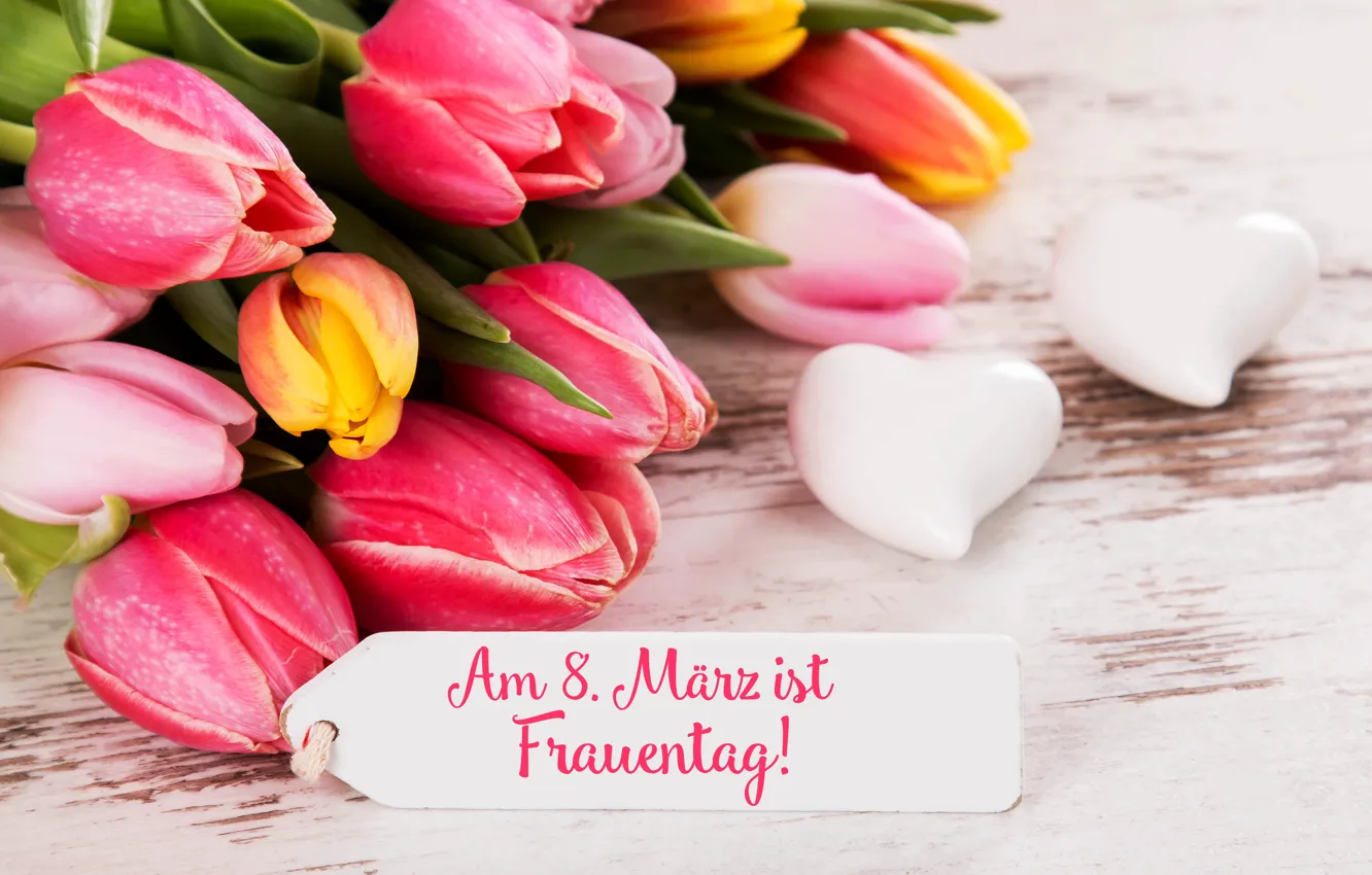 Фото обои цветы, праздник, сердечки, тюльпаны, 8 марта, женский день