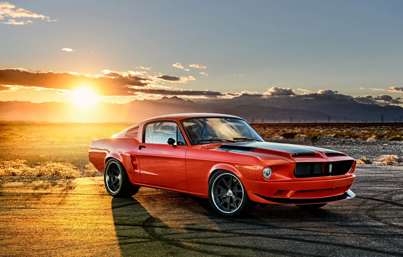 Фото обои солнце, закат, Mustang, Ford, мустанг, форд, 1968