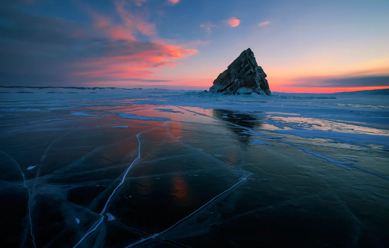 Фото обои закат, отражение, лёд, Байкал, остров Еленка