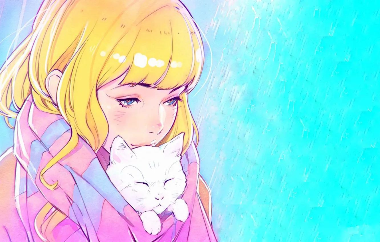 Фото обои лицо, шарф, девочка, голубые глаза, голубой фон, челка, желтые волосы, Илья Кувшинов, белый котенок
