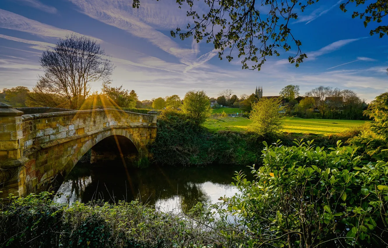 Фото обои мост, река, Англия, Кент, кусты, England, Kent, River Medway, река Медуэй, Penshurst, Пенсхерст