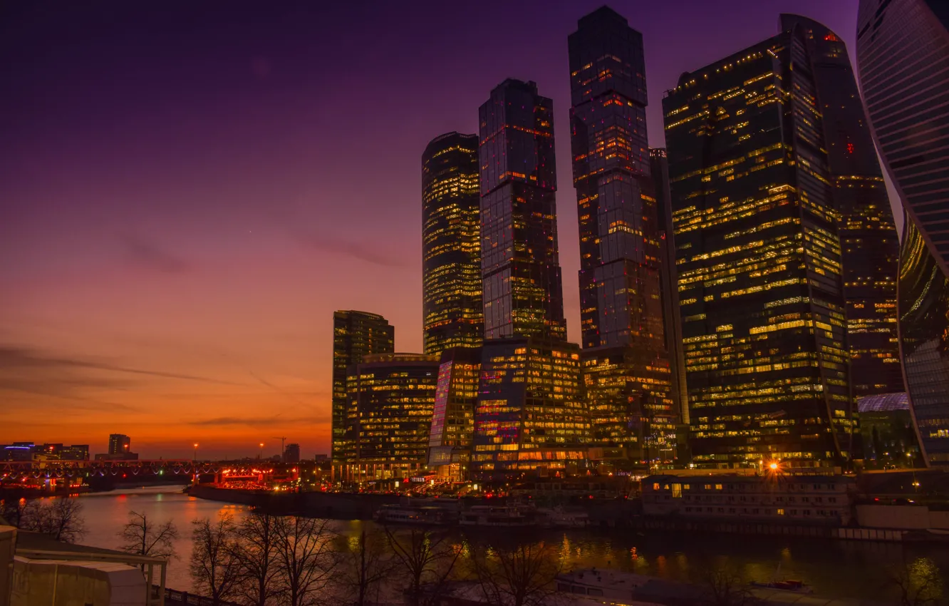 Фото обои закат, Москва, Москва-Сити, Москва-река