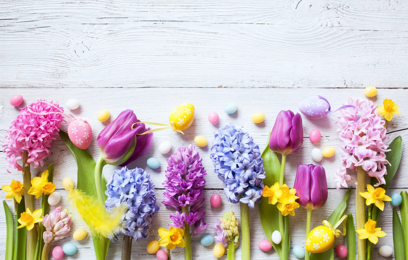 Фото обои цветы, весна, colorful, Пасха, крокусы, тюльпаны, wood, flowers, tulips, нарциссы, spring, Easter, eggs, decoration, Happy, …