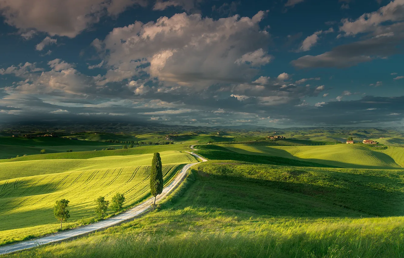 Фото обои лето, небо, облака, поля, Италия, луга, Тоскана