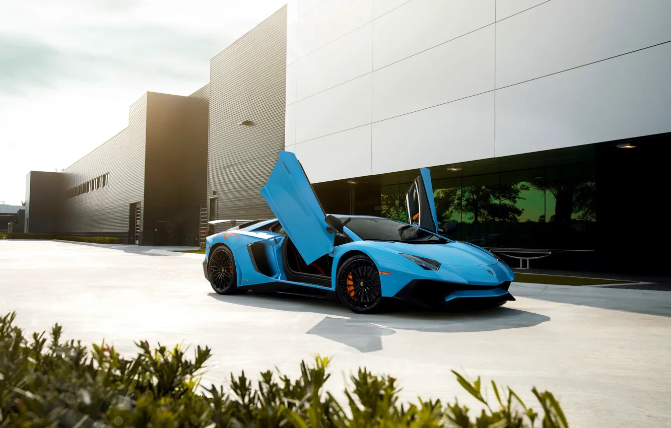 Фото обои Lamborghini, Blue, Front, Aventador, Supercar, LP750-4