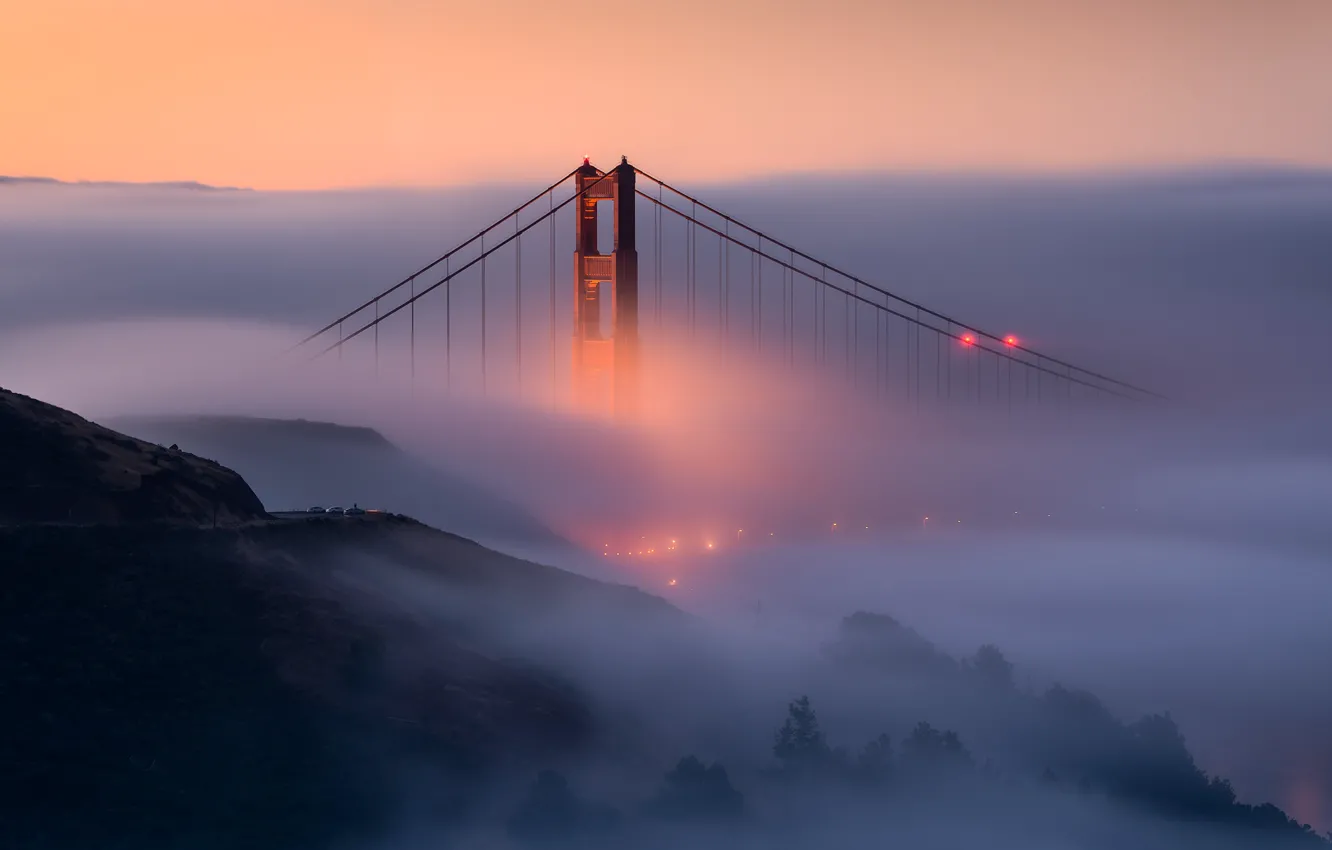 Фото обои свет, огни, туман, утро, Сан-Франциско, США, мост Золотые ворота