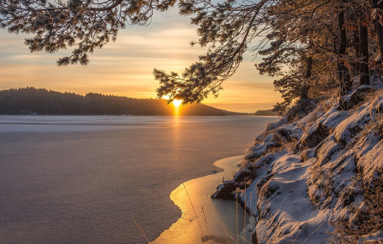 Фото обои зима, озеро, рассвет, утро, Швеция, Sweden