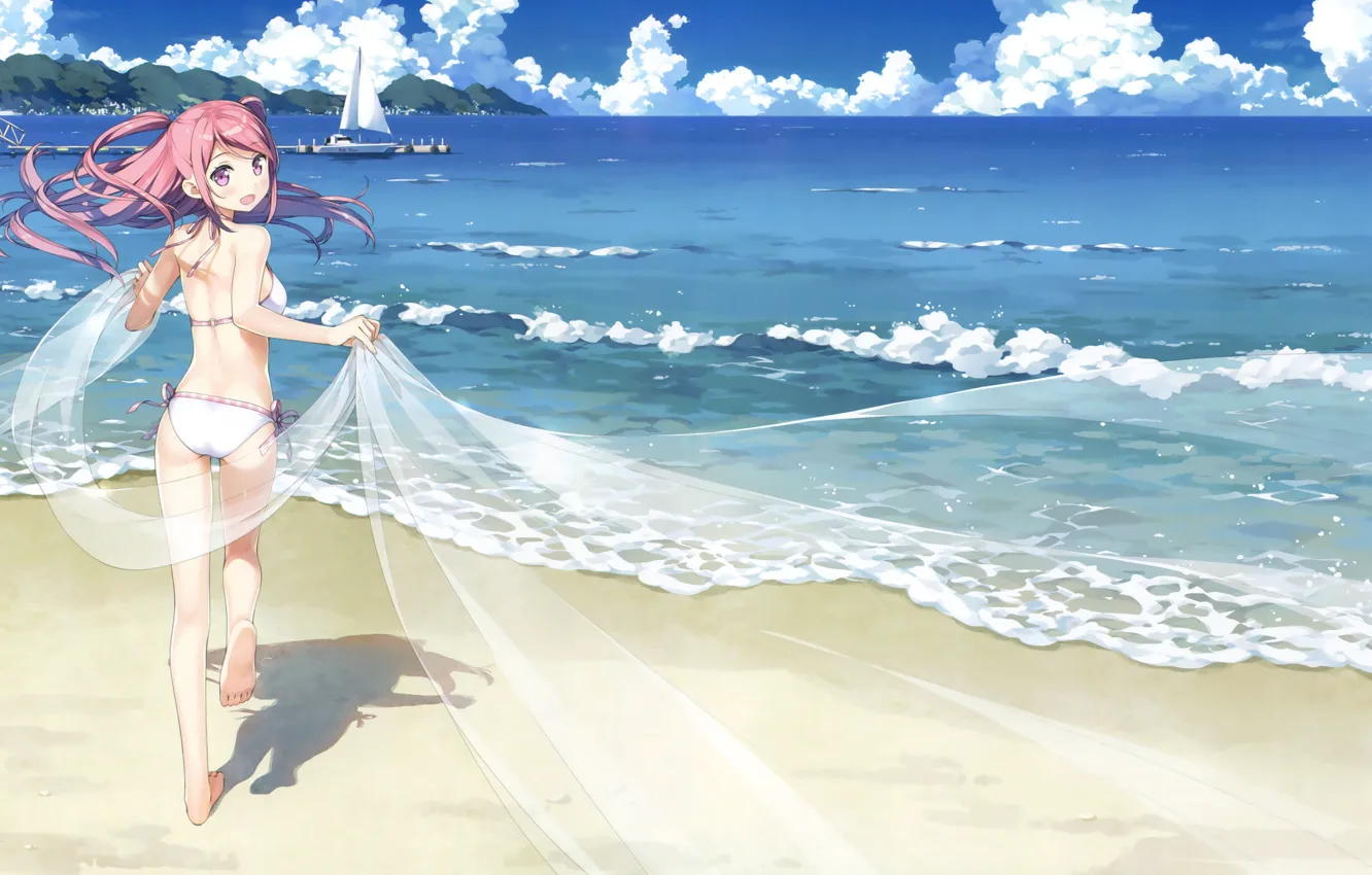Фото обои море, пляж, небо, девушка, облака, радость, пейзаж, горы, аниме, пирс, kantoku, kurumi