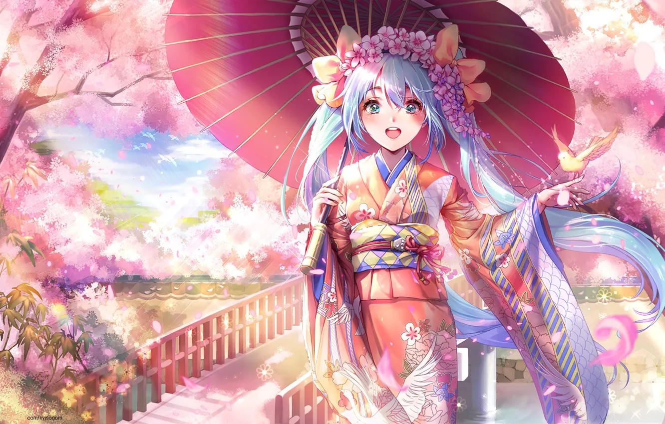 Фото обои мост, река, весна, зонт, Япония, сакура, перила, кимоно, vocaloid, Hatsune Miku, цветение, вокалоид, голубые волосы, …