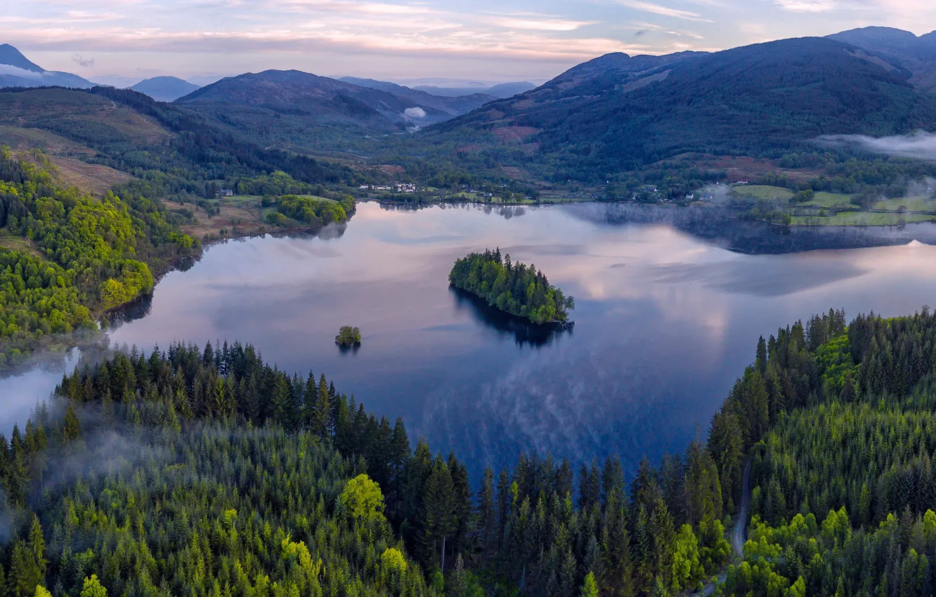 Фото обои лес, горы, озеро, Шотландия, панорама, Scotland, Грампианские горы, Loch Ard, Национальный парк Лох-Ломонд и Троссахс, …