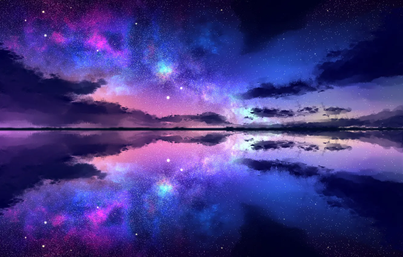 Фото обои небо, звезды, облака, ночь, отражение