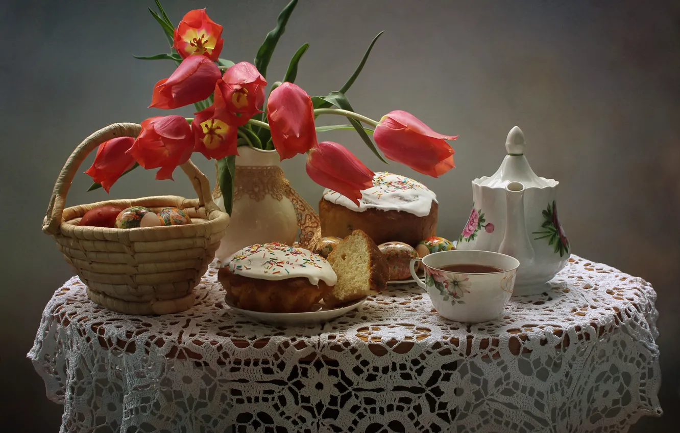 Фото обои цветы, стол, праздник, чай, корзина, яйца, чайник, пасха, чашка, тюльпаны, тарелки, красные, ваза, натюрморт, скатерть, …