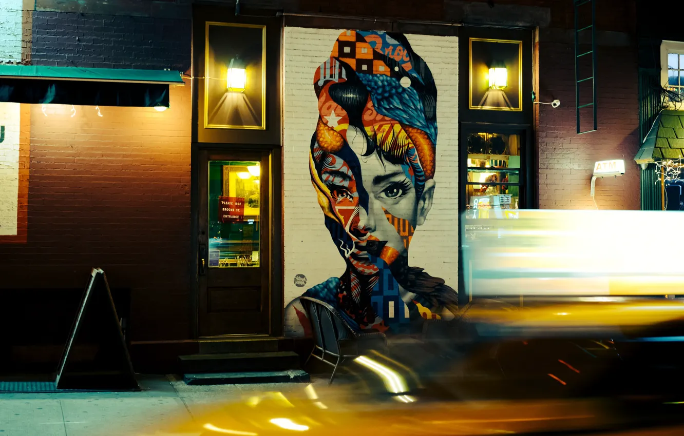 Фото обои девушка, город, стена, улица, рисунок, арт