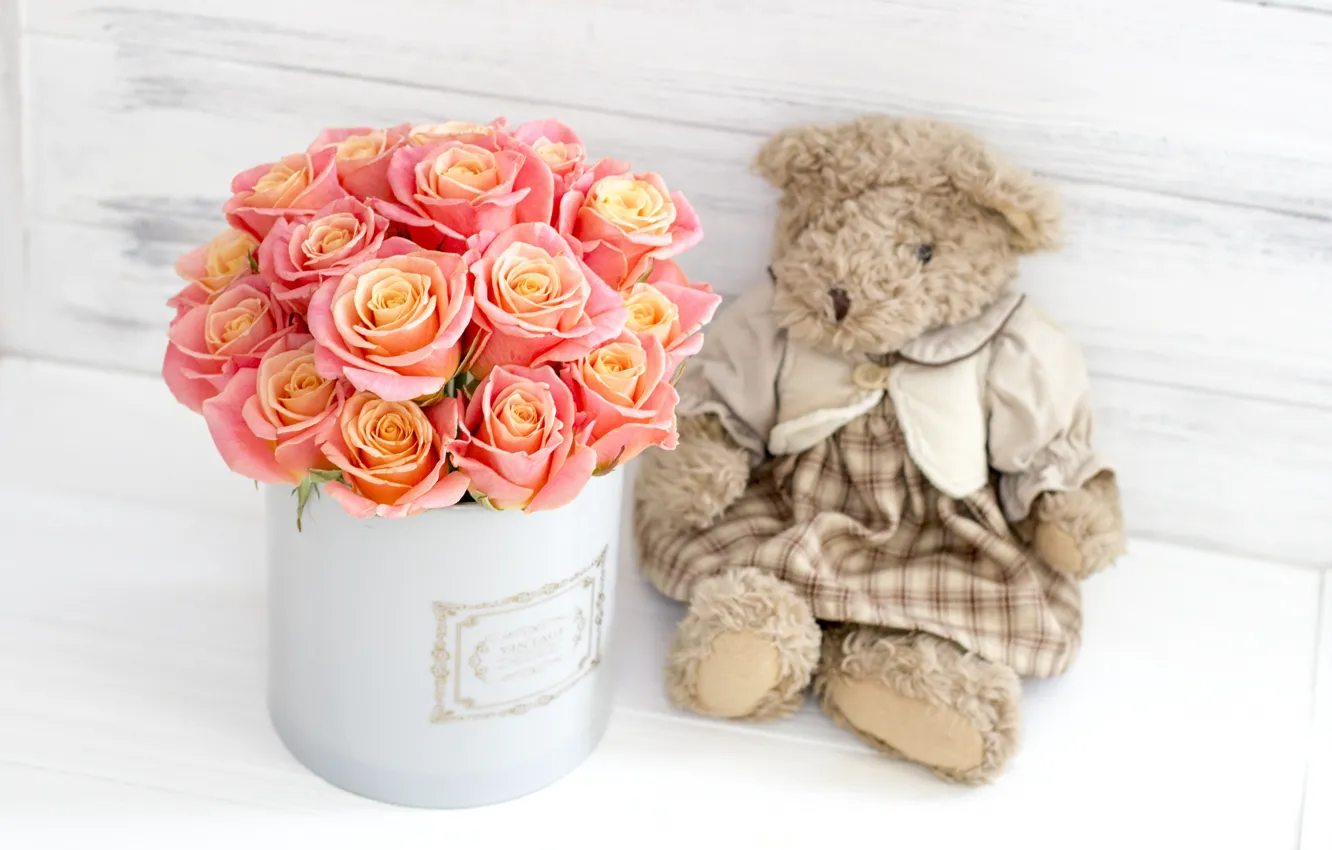 Фото обои любовь, цветы, коробка, игрушка, розы, букет, мишка, love, bear, pink, flowers, romantic, teddy, roses, cute