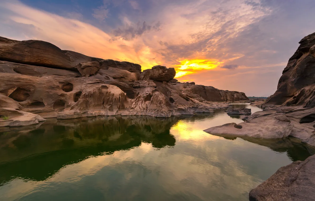 Фото обои закат, река, камни, скалы, Thailand, river, nature, stone, sunset, park, beautiful, grand canyon, Sampanbok