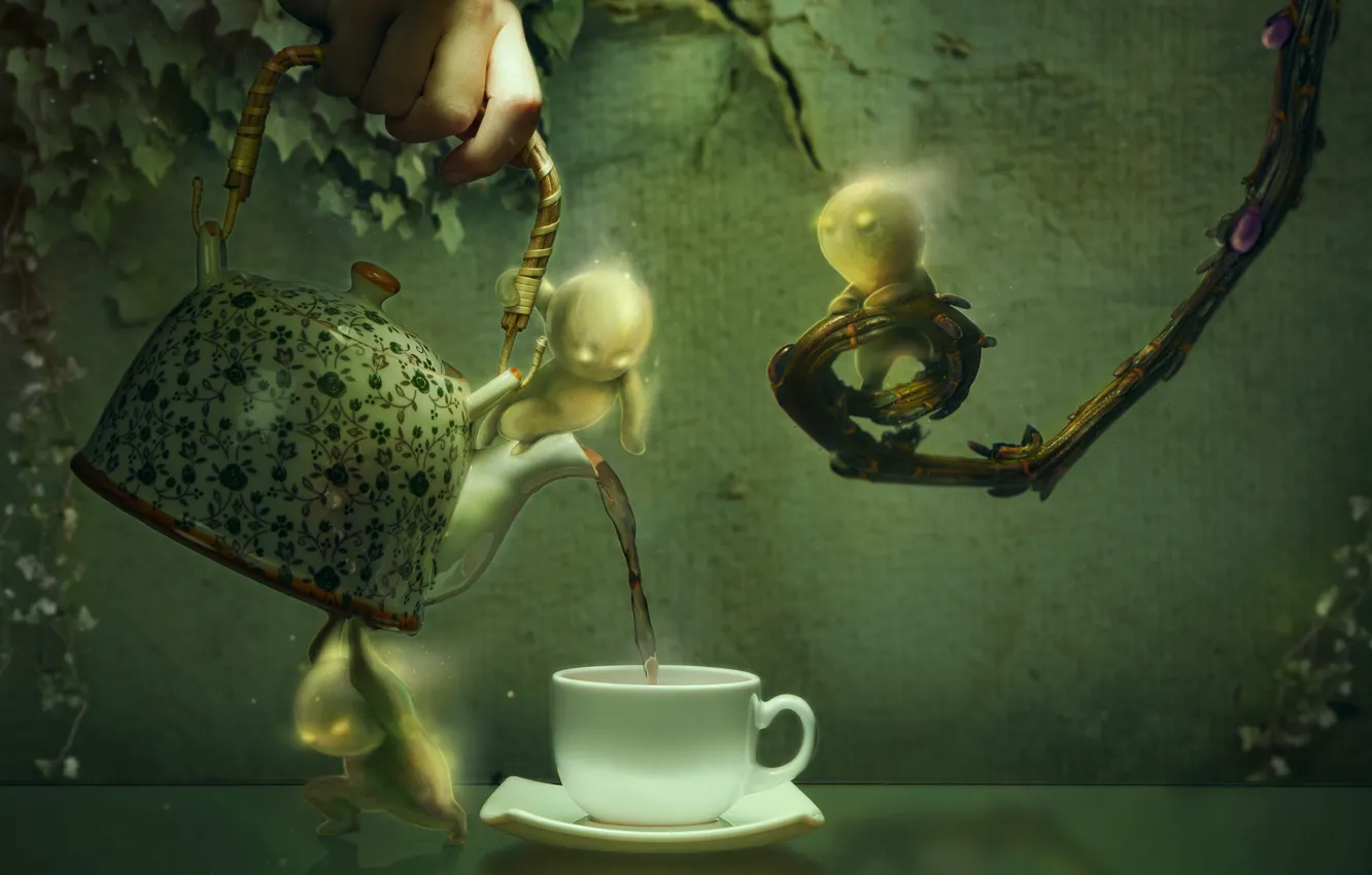 Фото обои листья, ветки, графика, рука, человечки, чайник, чаепитие, чашка, плющ