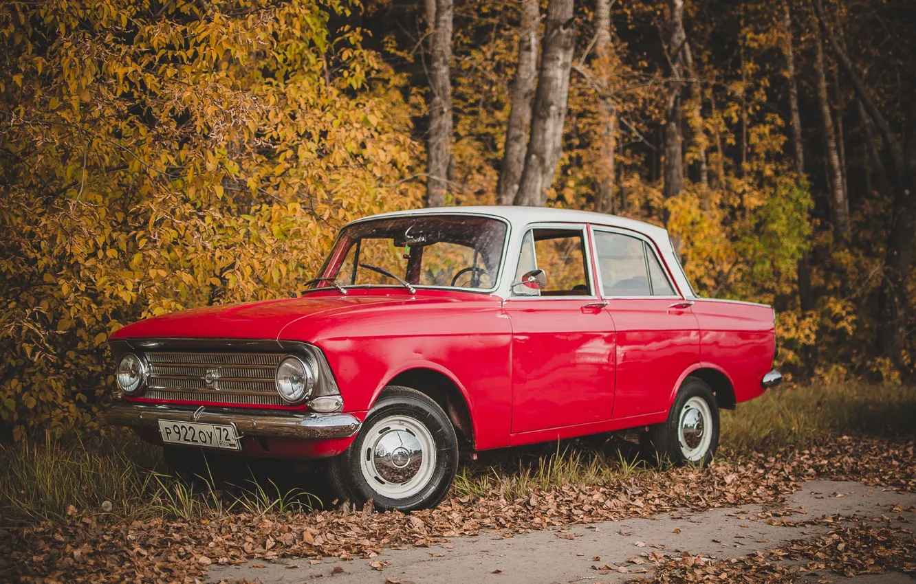 Фото обои осень, красный, природа, ретро, автомобиль, москвич