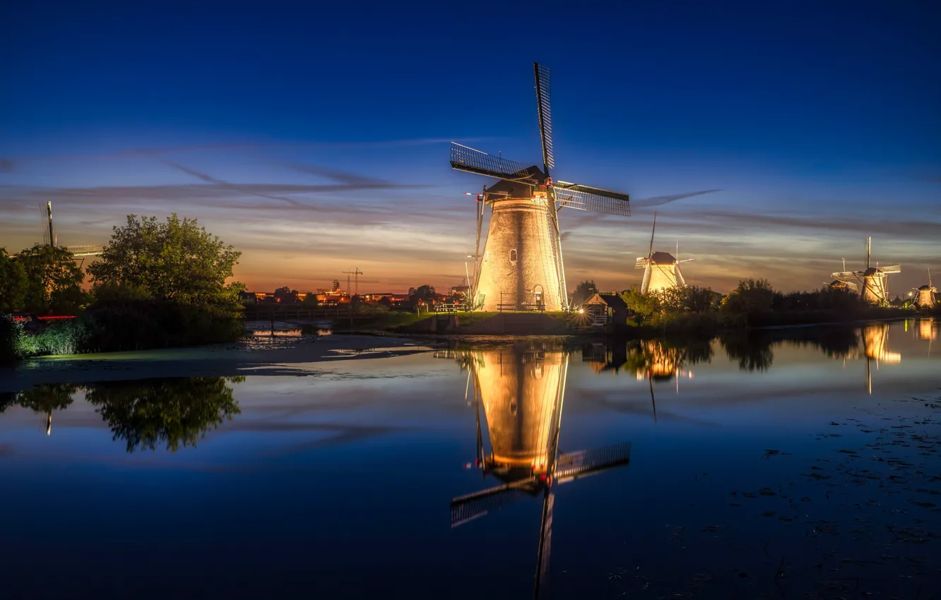 Фото обои свет, ночь, вечер, Нидерланды, Голландия, ветряные мельницы