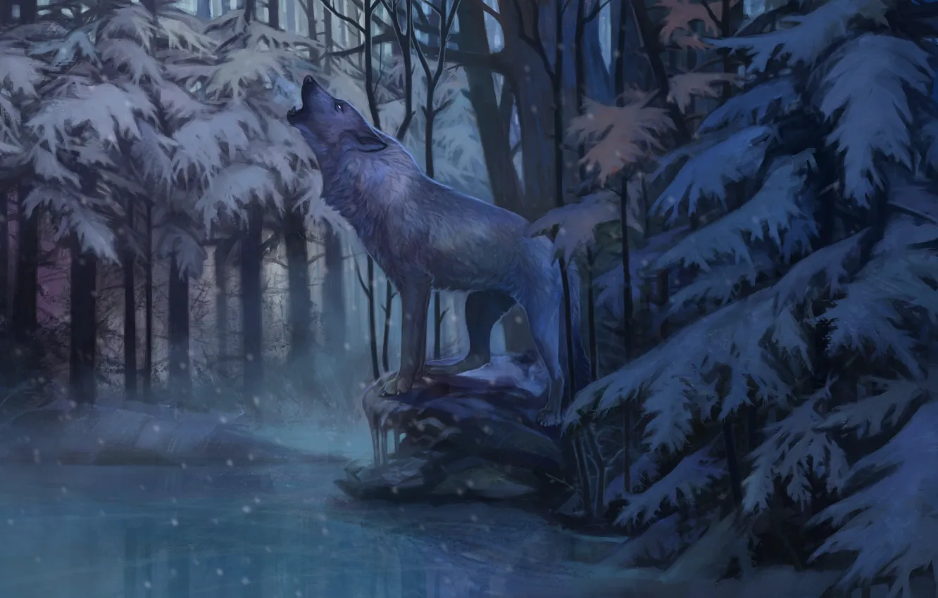 Фото обои холод, зима, одиночество, волк, лёд, хищник, сумерки, art, воет, дремучие леса, матерый, Aivoree
