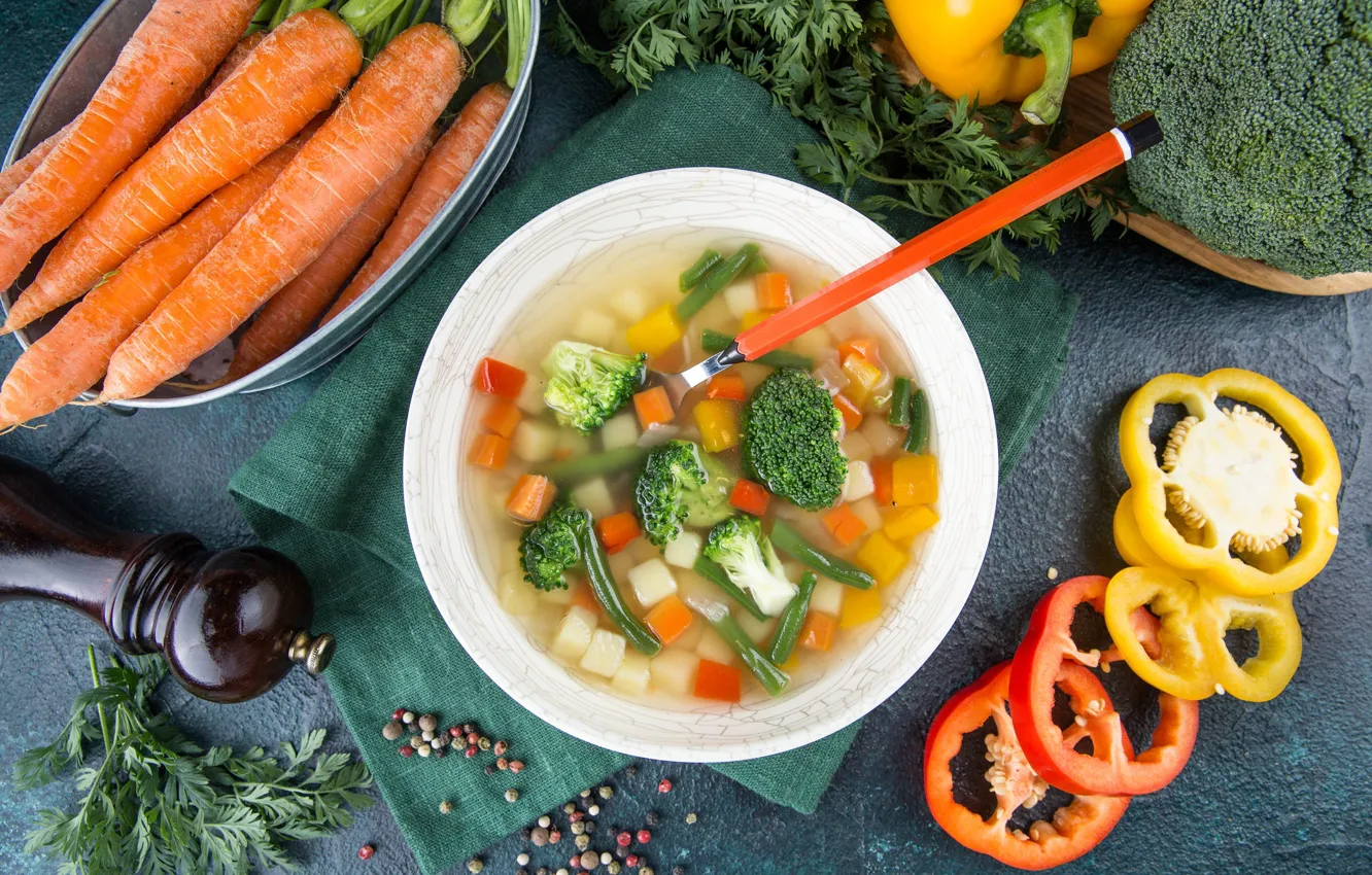 Фото обои суп, перец, овощи, морковь, Первое блюдо