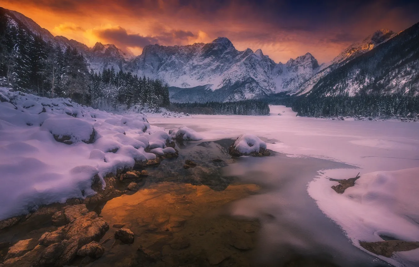 Фото обои зима, снег, горы, природа, река, вечер