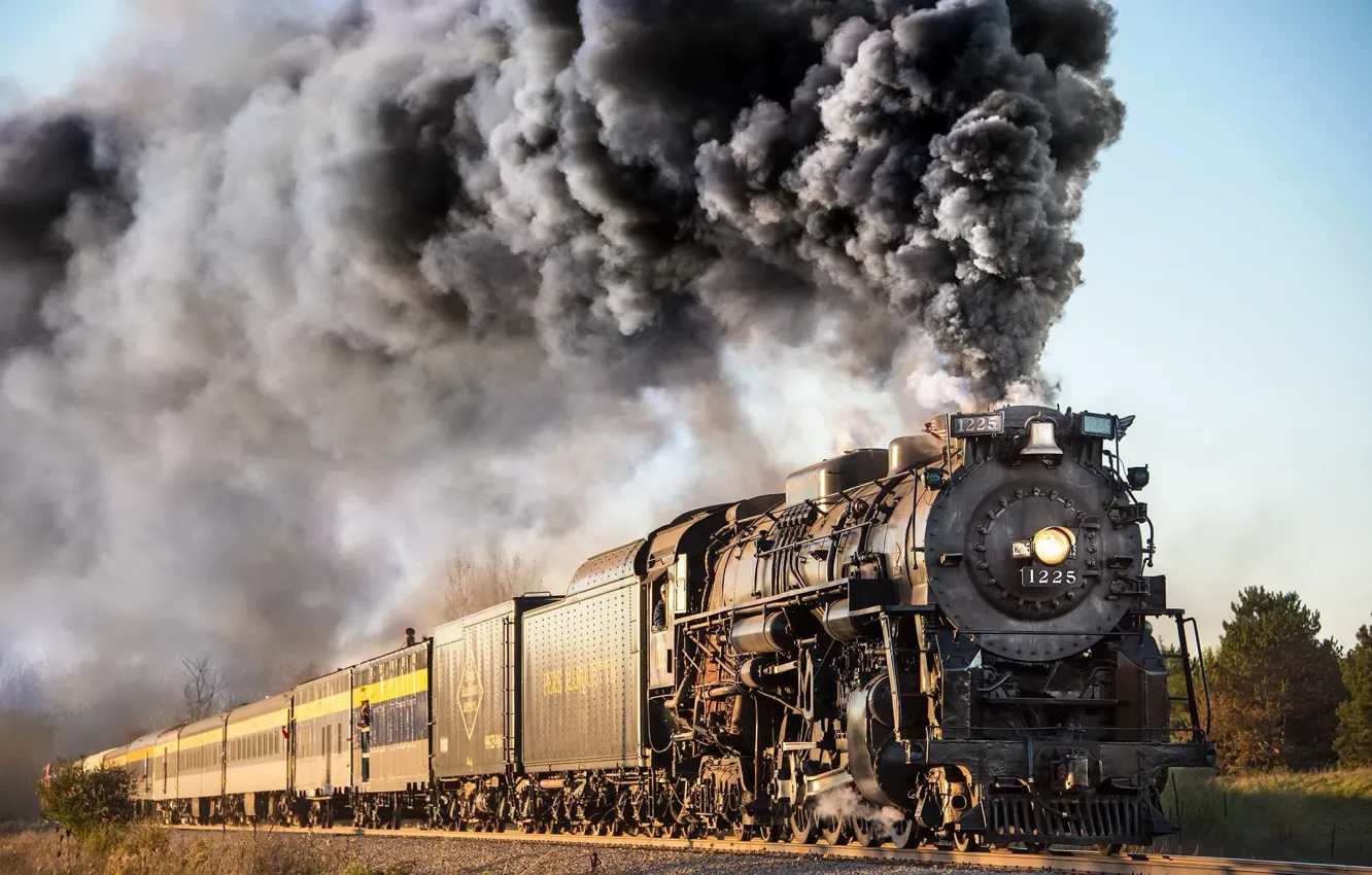 Фото обои дым, паровоз, железная дорога