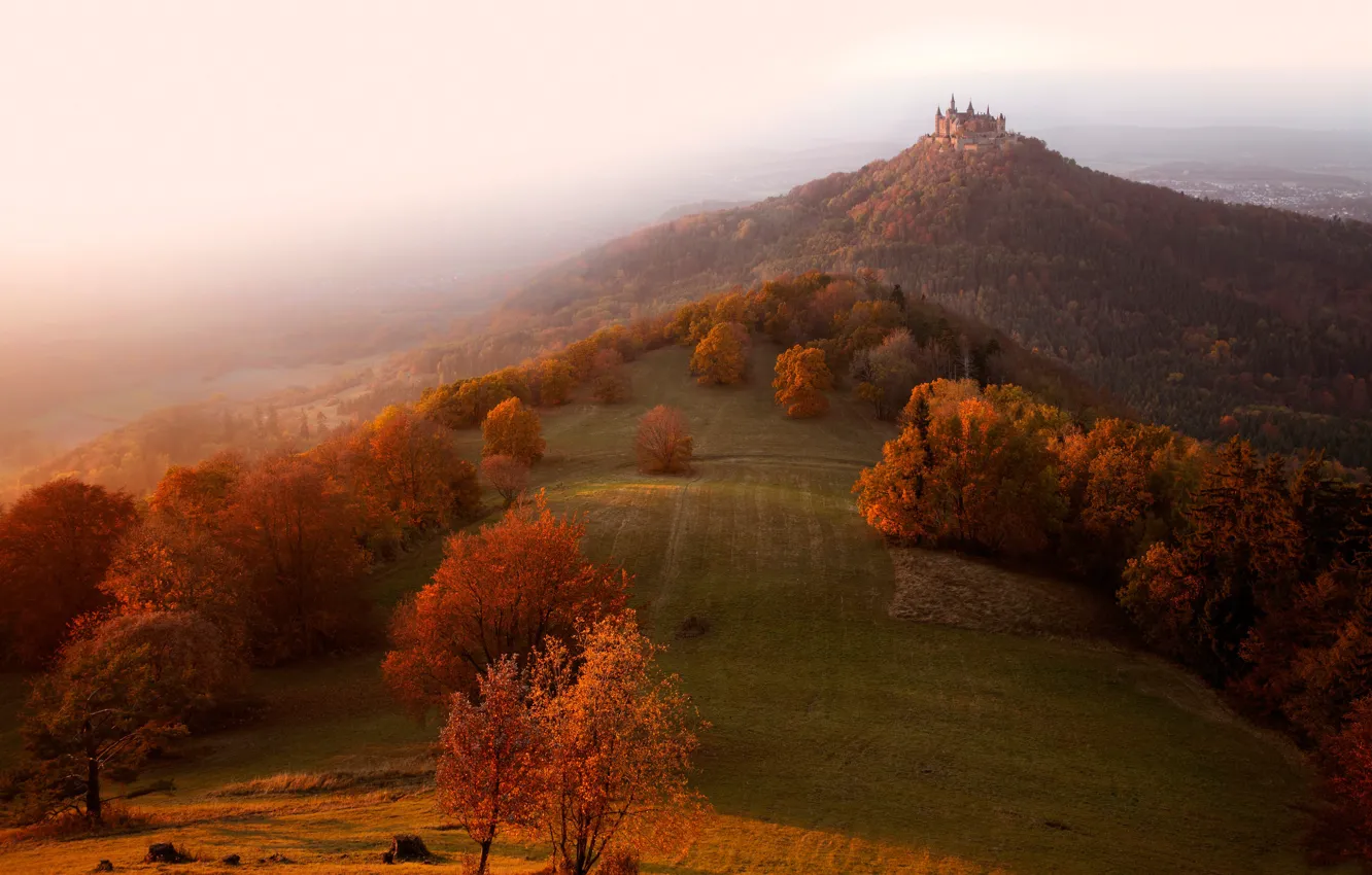 Фото обои осень, свет, туман, замок, утро, Германия, холм, дымка