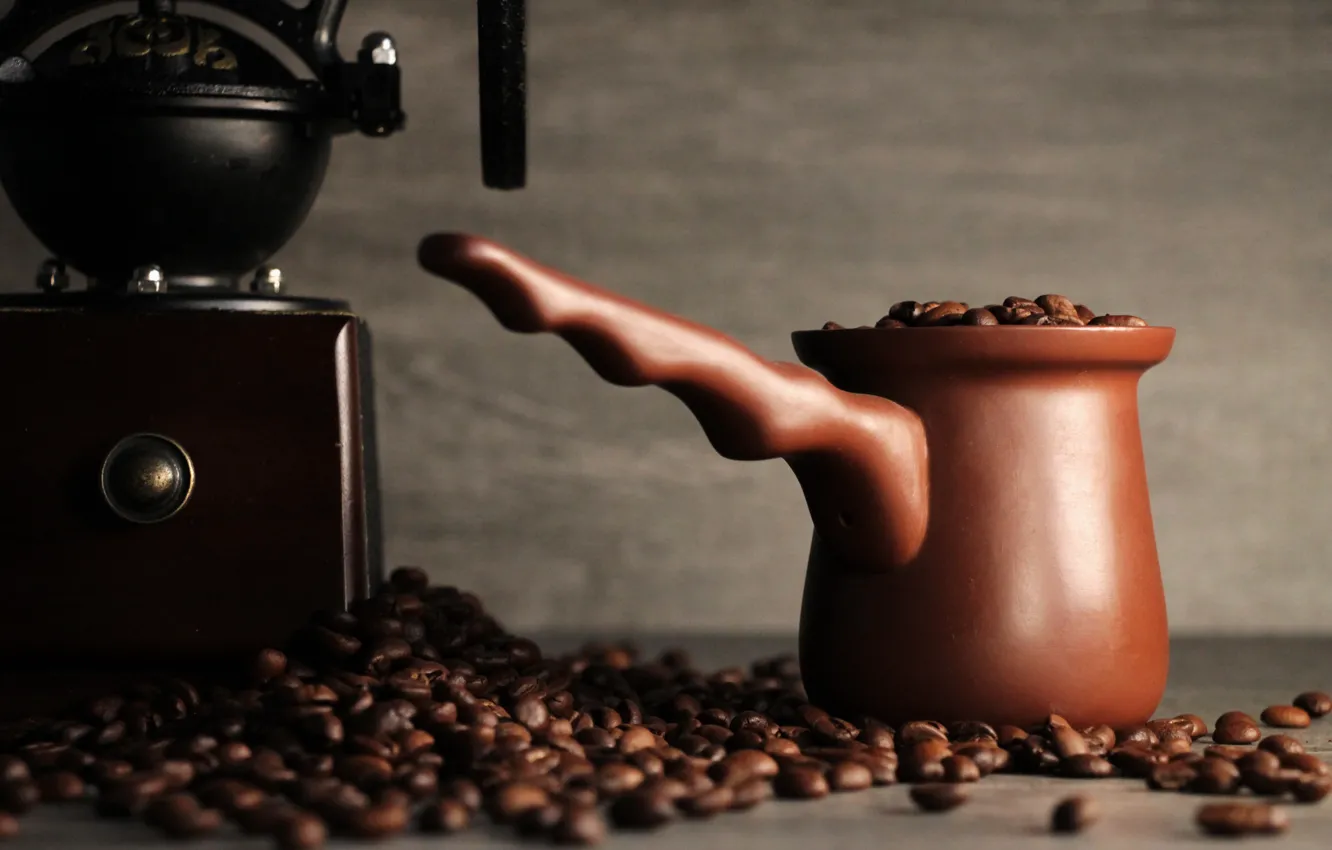 Фото обои кофе, background, coffee, турка, кофемолка, керамическая турка, кофе в зернах