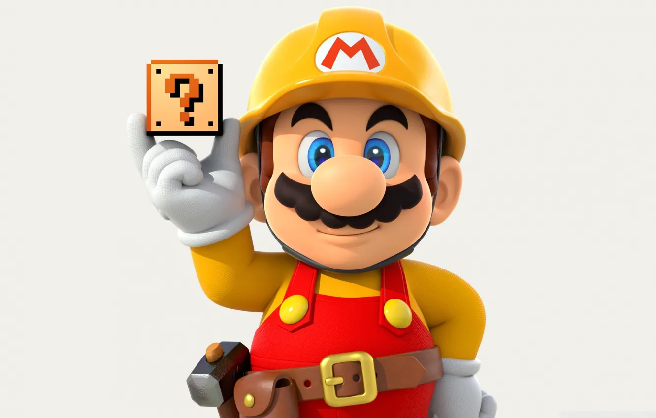 Фото обои усы, Марио, молоток, ремень, Mario, знак вопроса, блок, Каска