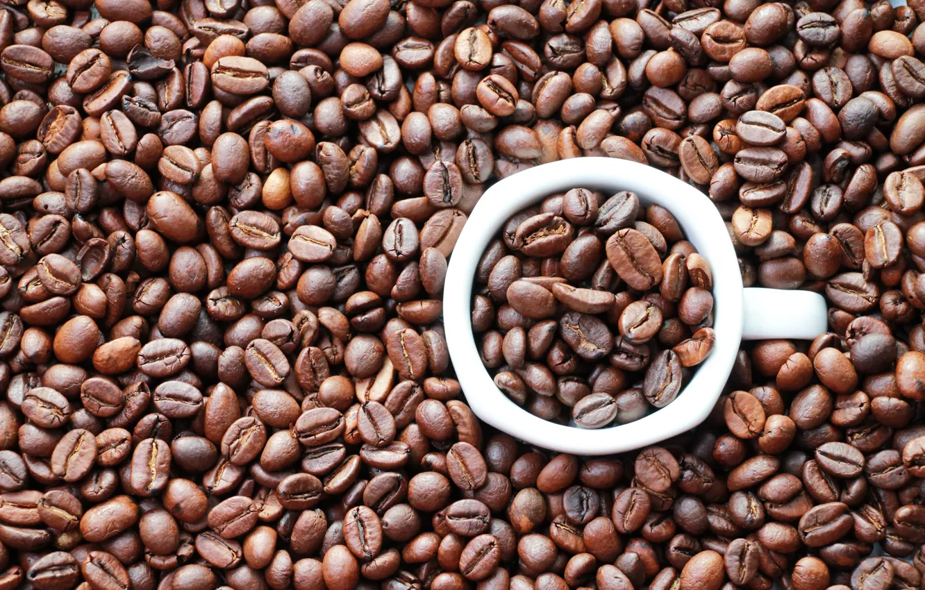 Фото обои фон, настроения, кофе, зерна, круг, кружка, картинка, кофейные зёрна, coffe, белая кружка