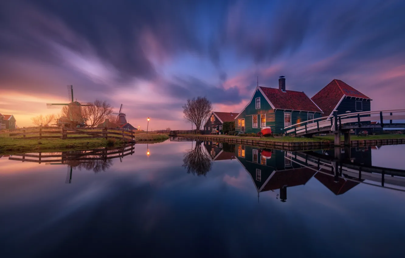 Фото обои дома, вечер, канал, Нидерланды, мостик