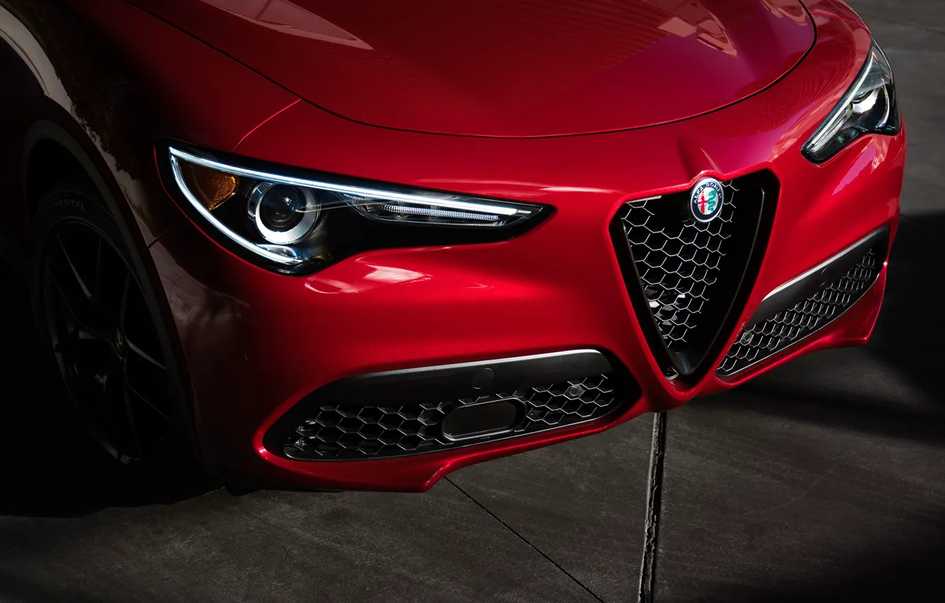 Фото обои фары, Alfa Romeo, вид спереди, 2018, кроссовер, Stelvio, Nero Edizione
