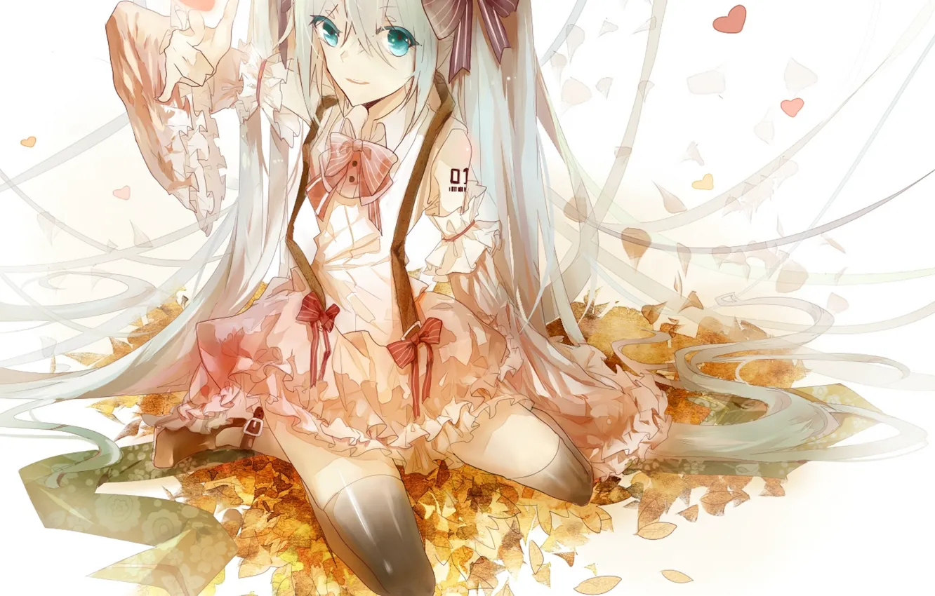Фото обои листья, платье, голубые глаза, vocaloid, бант, Hatsune Miku, длинные волосы, вокалоид, оборки, сидит на коленях
