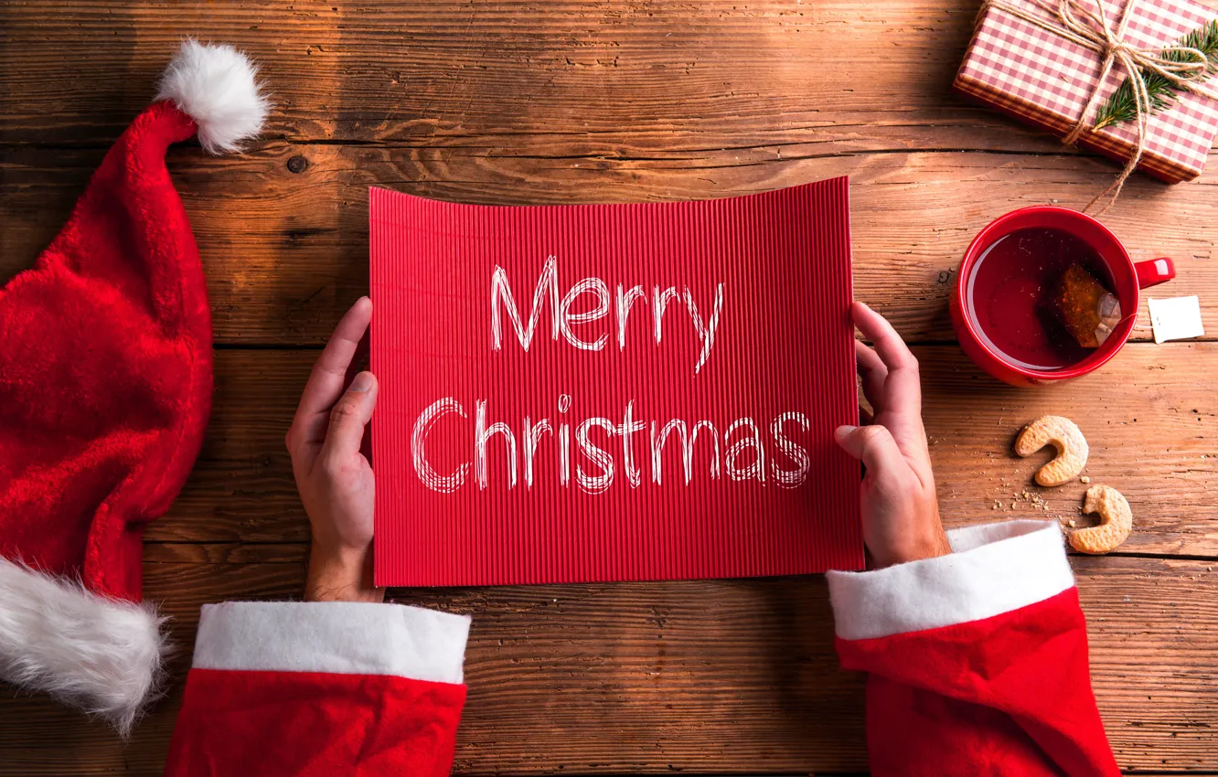 Фото обои Новый Год, Рождество, подарки, Christmas, wood, Merry Christmas, Xmas, decoration, gifts, santa hat, holiday celebration