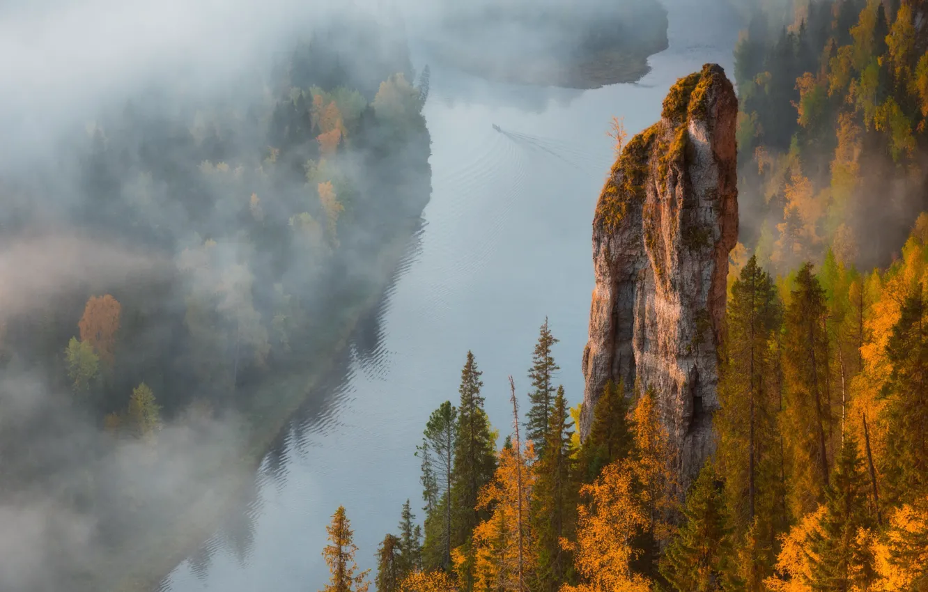 Фото обои осень, туман, река, скалы