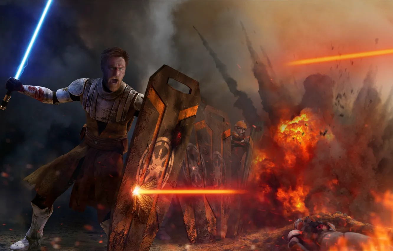 Фото обои Star Wars, Obi Wan Kenobi, war, fight, jedi, shield, light saber,...
