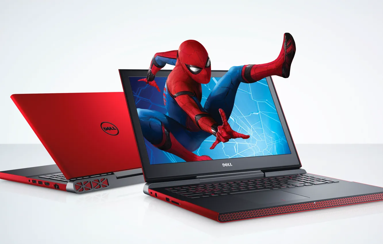 Фото обои ноутбук, promo, spider man, Dell, лэптоп, peter parker, tom holland, spider man: homecoming
