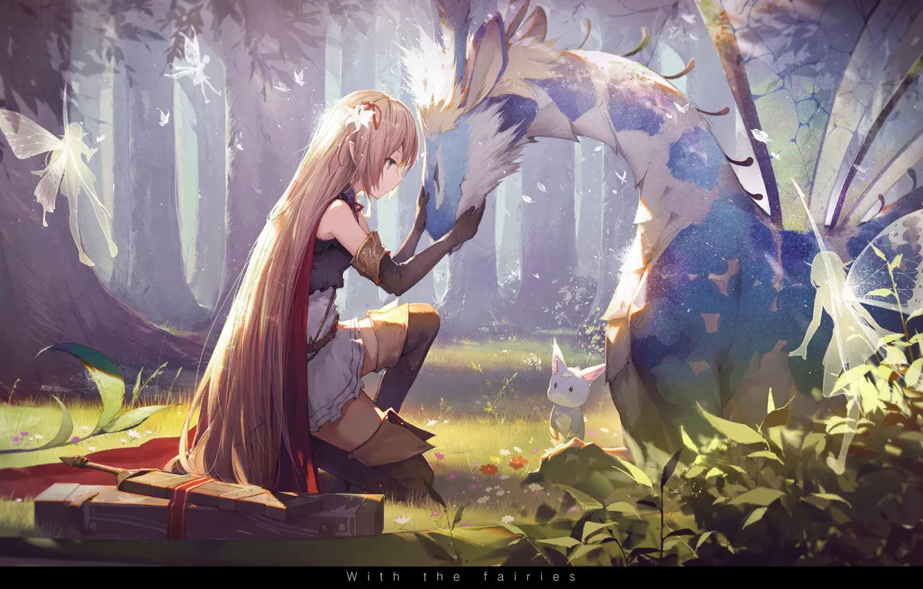 Фото обои лес, животные, девушка, деревья, природа, оружие, магия, крылья, аниме, воин, арт, феи, arisa, kieed, shadowverse