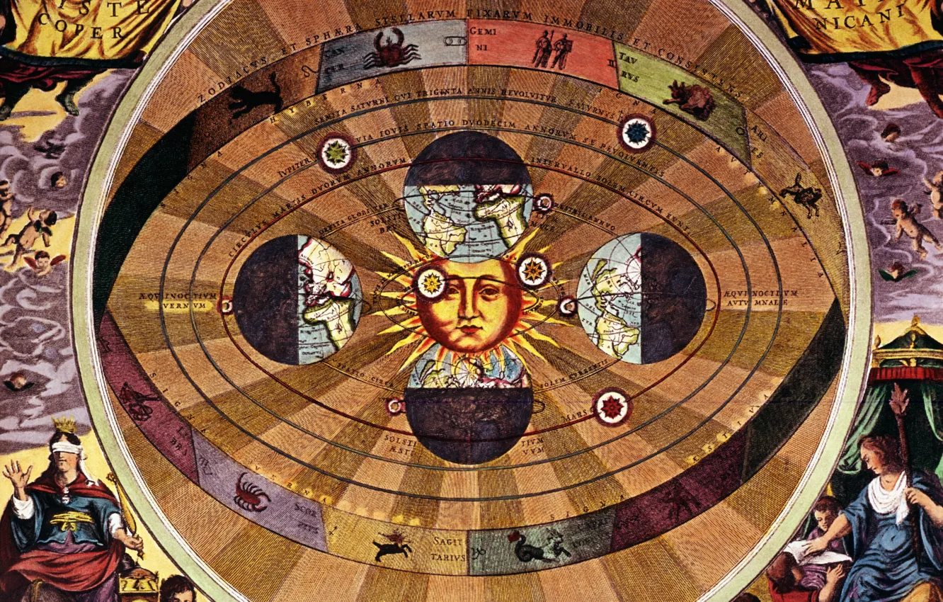 Фото обои солнце, земля, знаки зодиака, Николай Коперник, Научная революция