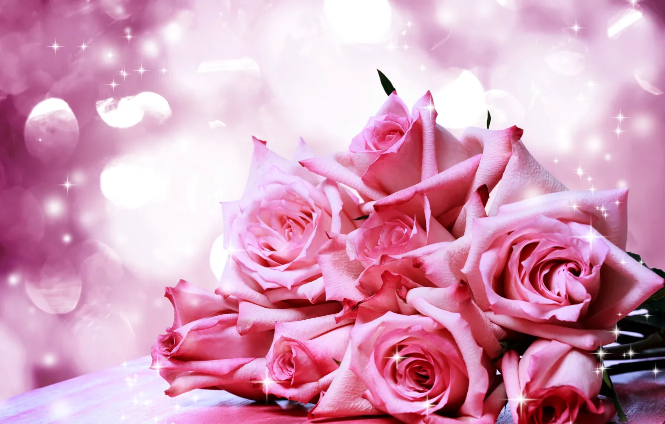 Фото обои розовый, розы, букет, блестки