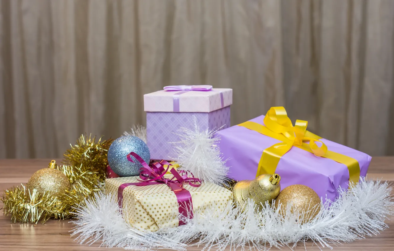 Фото обои праздник, шары, игрушки, новый год, подарки, мишура