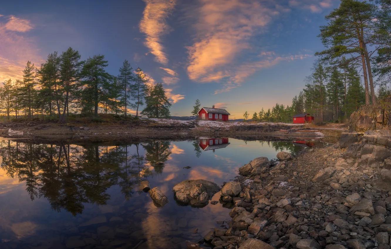 Фото обои деревья, закат, озеро, отражение, вечер, Норвегия, домики, Norway, Рингерике, Ringerike